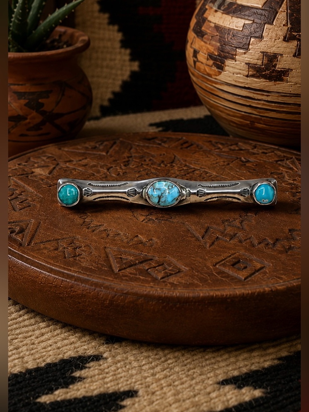 Vintage Navajo Native American Fred Harvey Style Sterling Silver Turquoise Pin